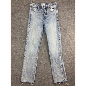 Zara Straight Leg Jeans Women's 6 Blue Denim Button Fly Raw Hem Light Wash